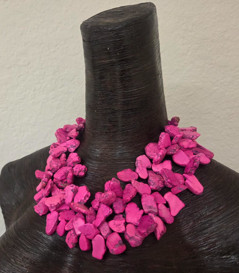Hot Pink Magnesite Slab Statement Necklace - Detachable Rhinestone Rose Brooch