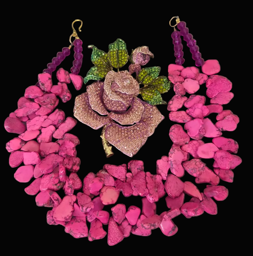 Hot Pink Magnesite Slab Statement Necklace - Detachable Rhinestone Rose Brooch