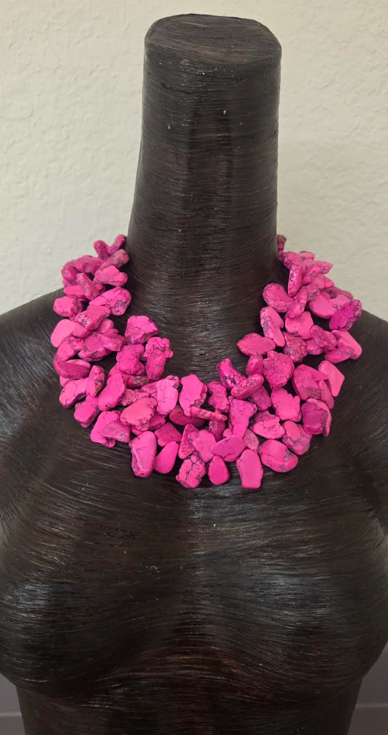 Hot Pink Magnesite Slab Statement Necklace - Detachable Rhinestone Rose Brooch