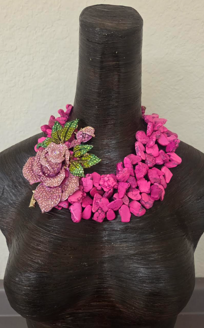 Hot Pink Magnesite Slab Statement Necklace - Detachable Rhinestone Rose Brooch