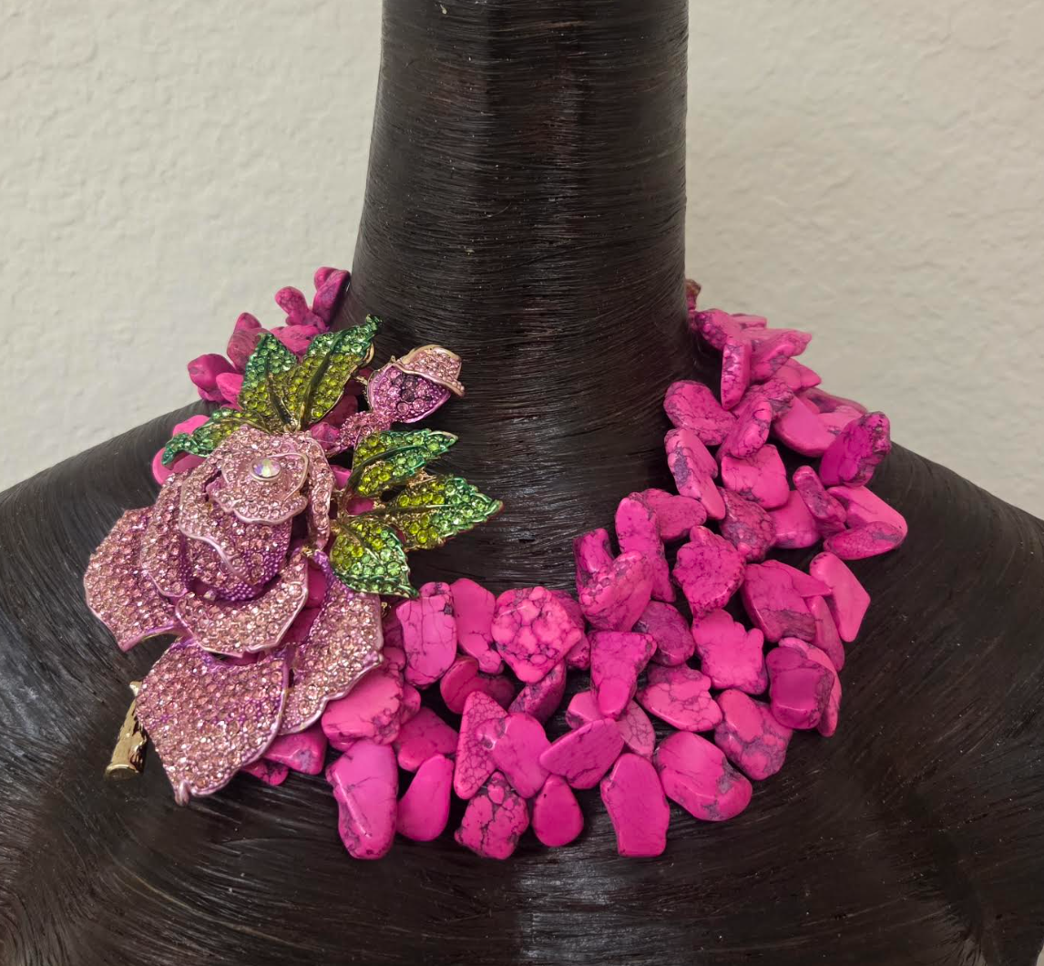 Hot Pink Magnesite Slab Statement Necklace - Detachable Rhinestone Rose Brooch