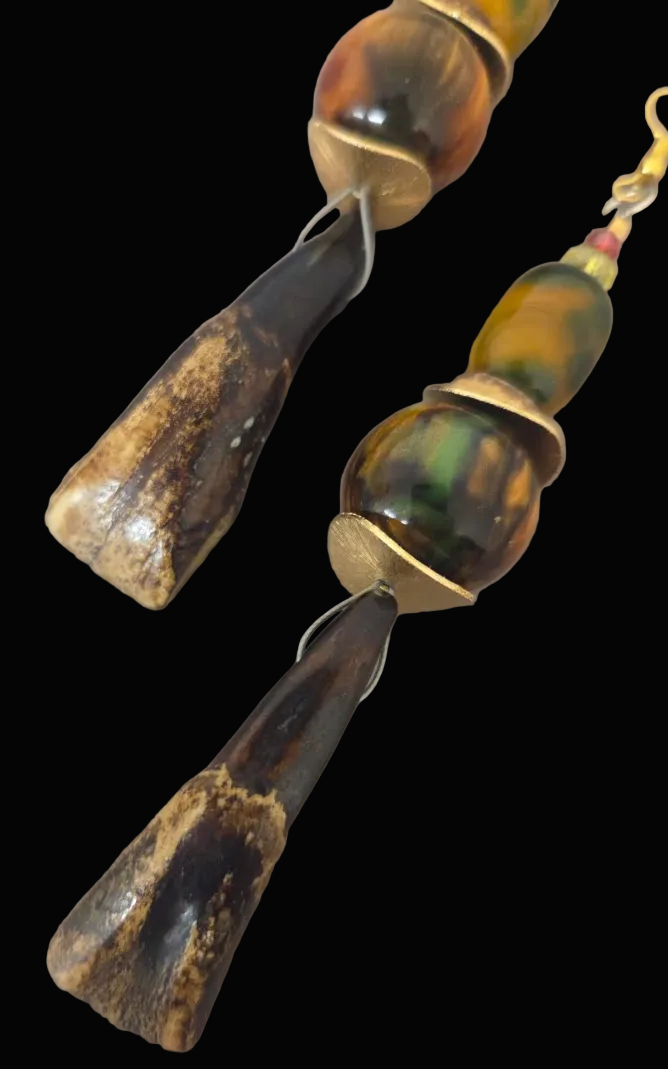 Stained Buffalo Incisor Teeth & Bead Shoulder Duster Earrings - Autumn
