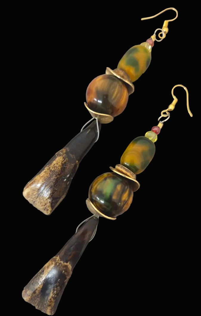 Stained Buffalo Incisor Teeth & Bead Shoulder Duster Earrings - Autumn