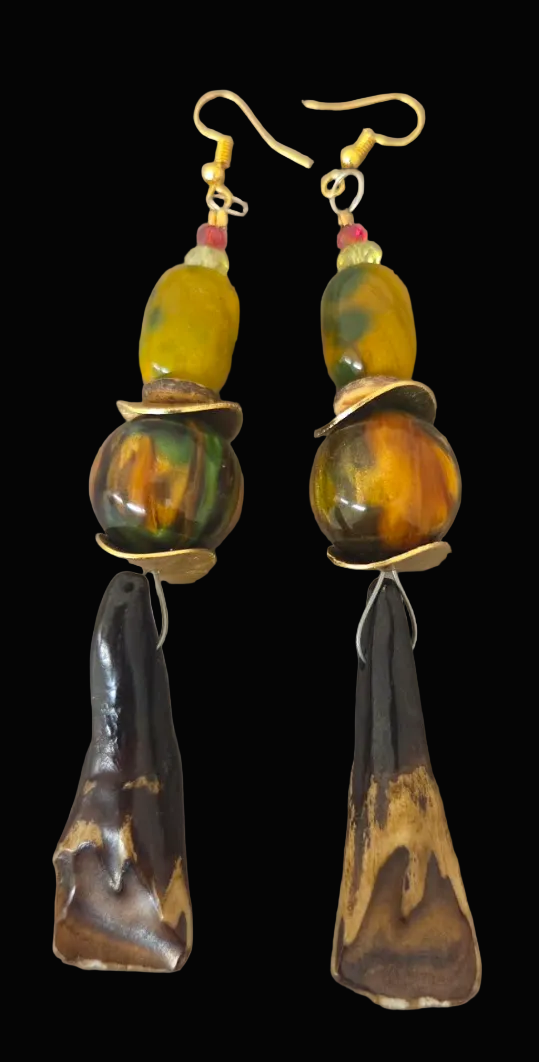 Stained Buffalo Incisor Teeth & Bead Shoulder Duster Earrings - Autumn
