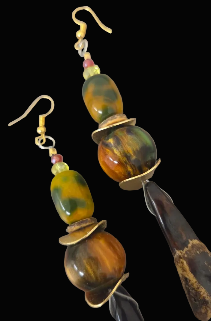 Stained Buffalo Incisor Teeth & Bead Shoulder Duster Earrings - Autumn