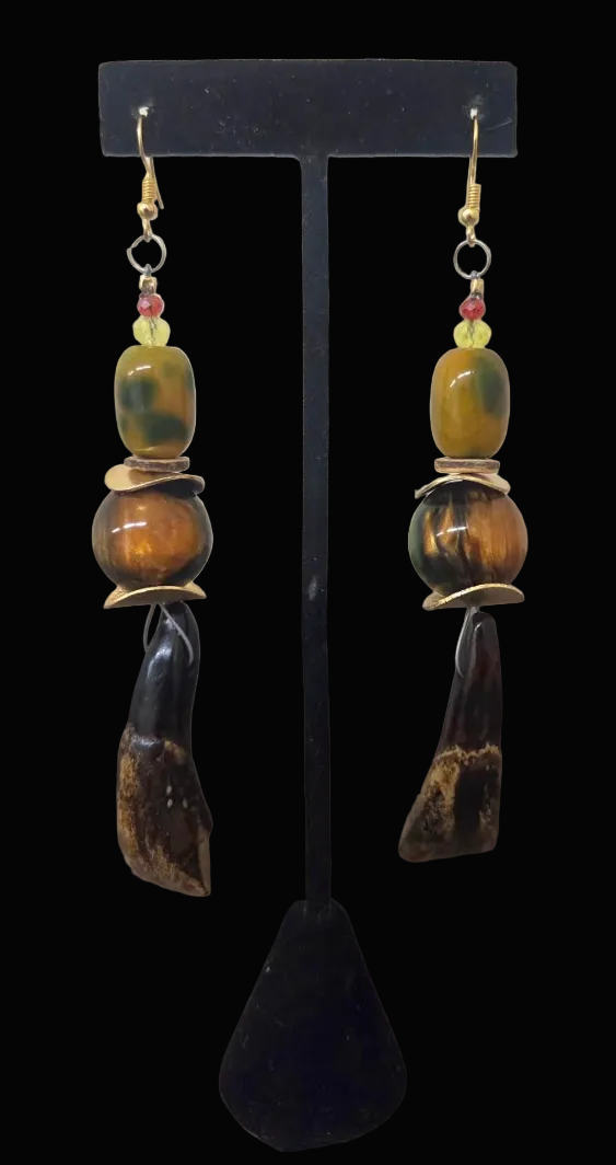 Stained Buffalo Incisor Teeth & Bead Shoulder Duster Earrings - Autumn