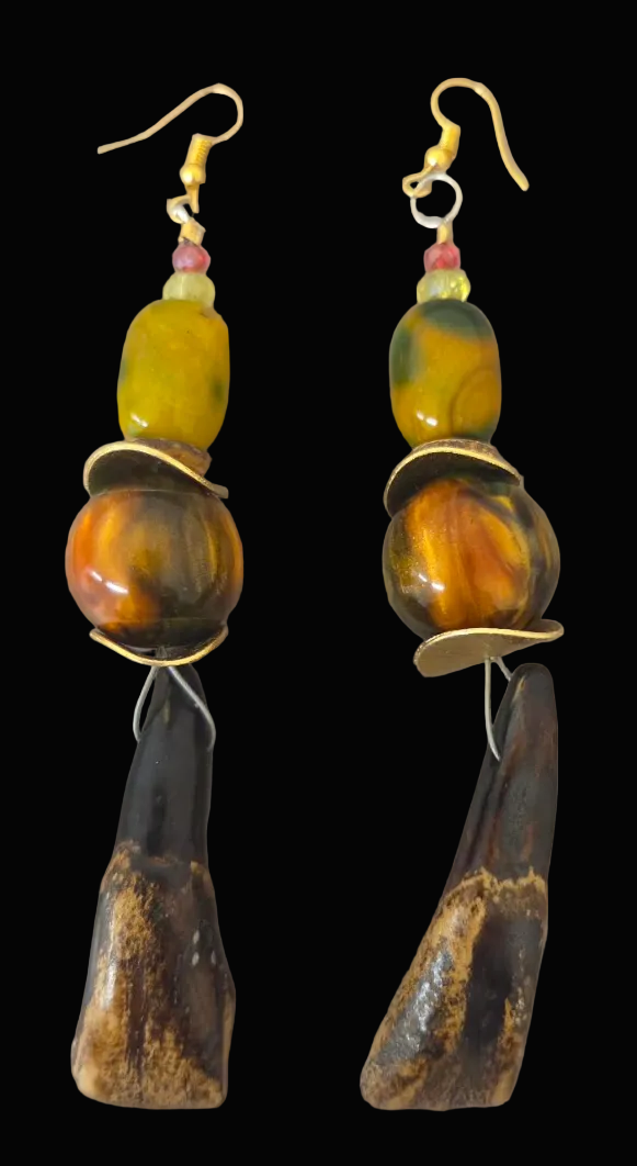 Stained Buffalo Incisor Teeth & Bead Shoulder Duster Earrings - Autumn