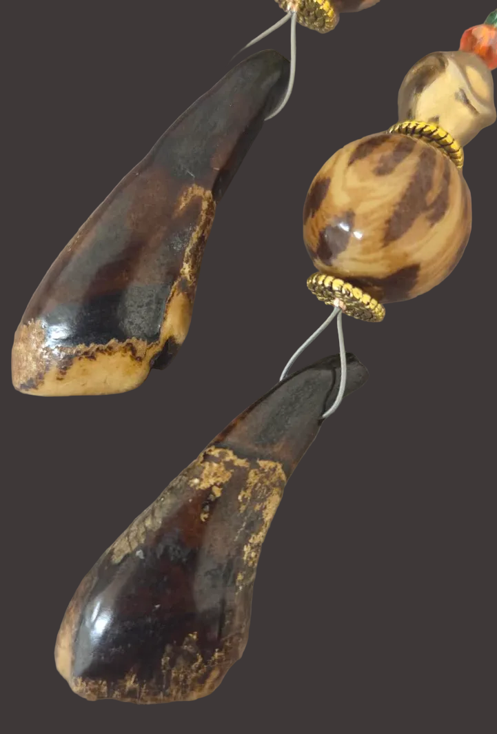 Wild Leopard & Buffalo Teeth Extra Long Pierced Earrings
