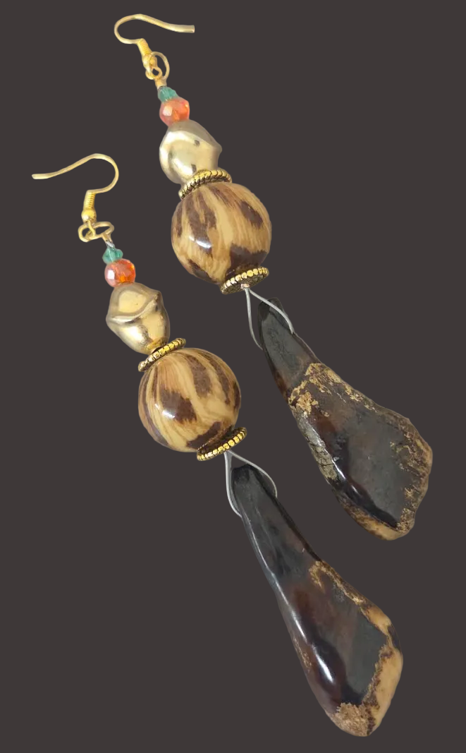 Wild Leopard & Buffalo Teeth Extra Long Pierced Earrings