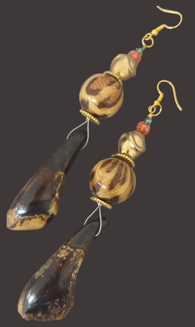 Wild Leopard & Buffalo Teeth Extra Long Pierced Earrings