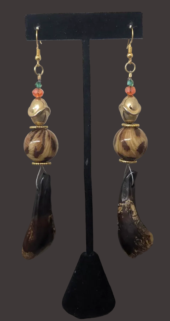 Wild Leopard & Buffalo Teeth Extra Long Pierced Earrings
