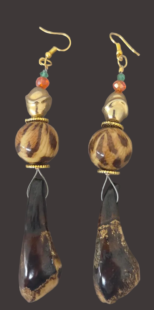 Wild Leopard & Buffalo Teeth Extra Long Pierced Earrings