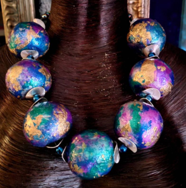 Statement Luxury Necklace Beaded Sculpted Massive Orbs Jewel Tone Neck