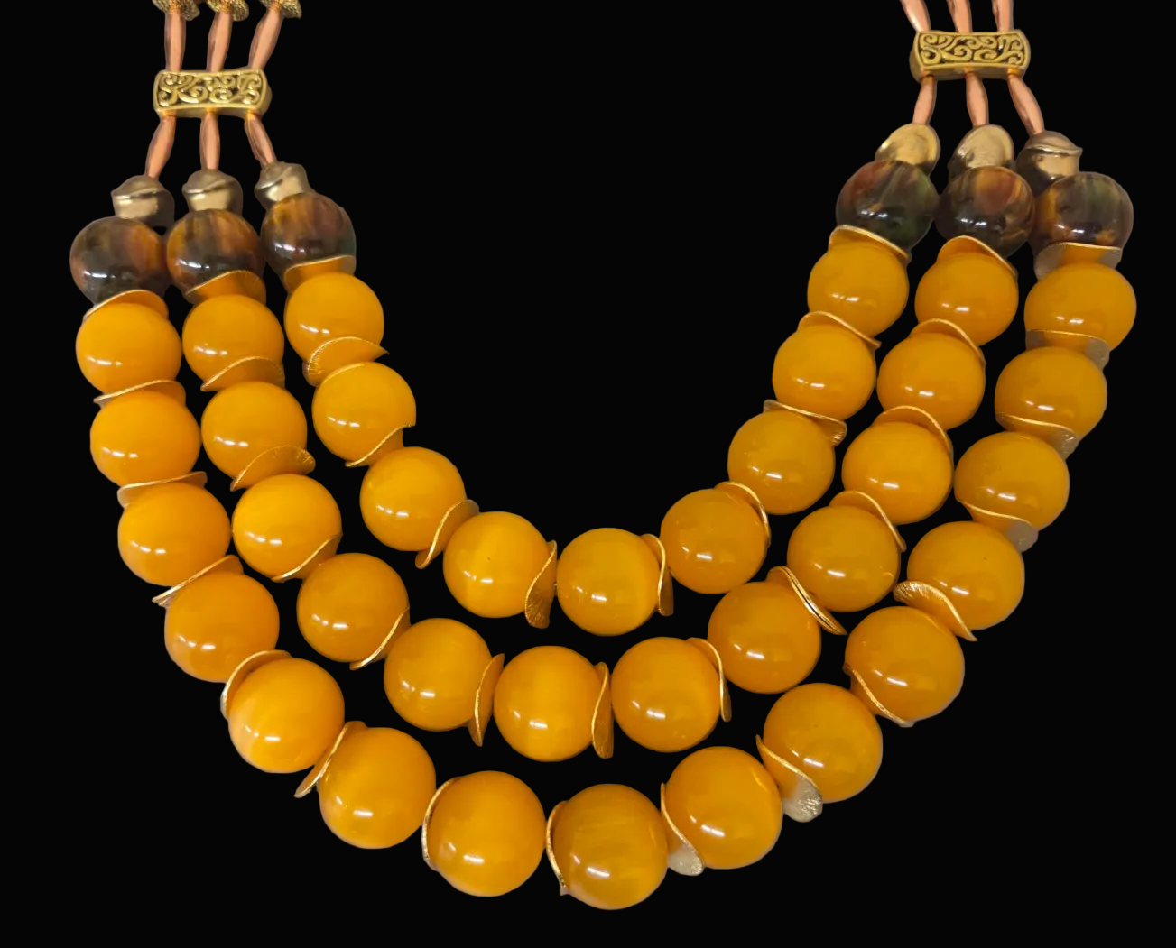 Yellow-Orange Tiger's Eye Beaded Triple Strand Chest Piece - Autumn
