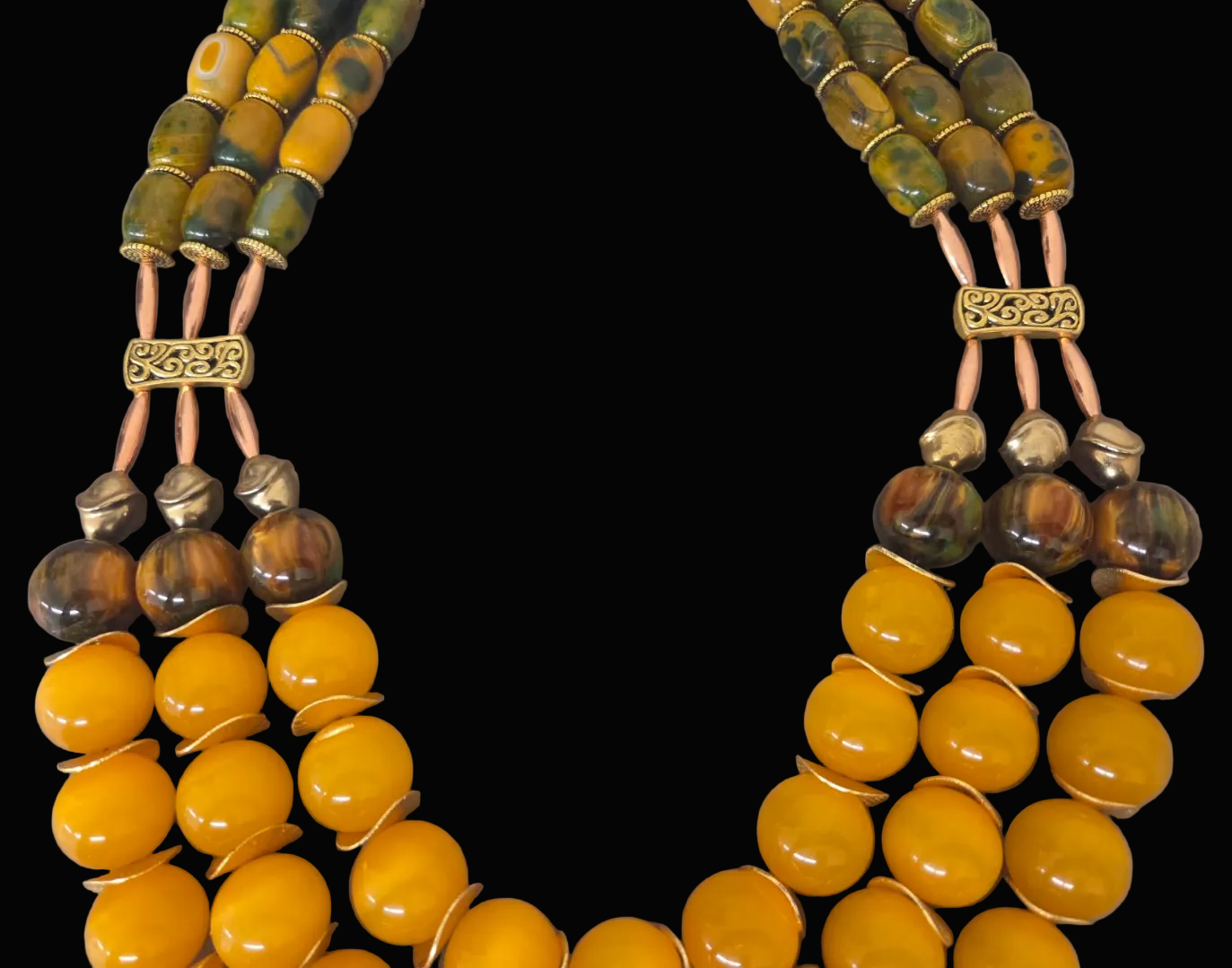 Yellow-Orange Tiger's Eye Beaded Triple Strand Chest Piece - Autumn