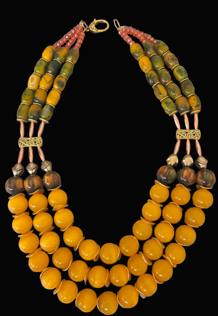 Yellow-Orange Tiger's Eye Beaded Triple Strand Chest Piece - Autumn