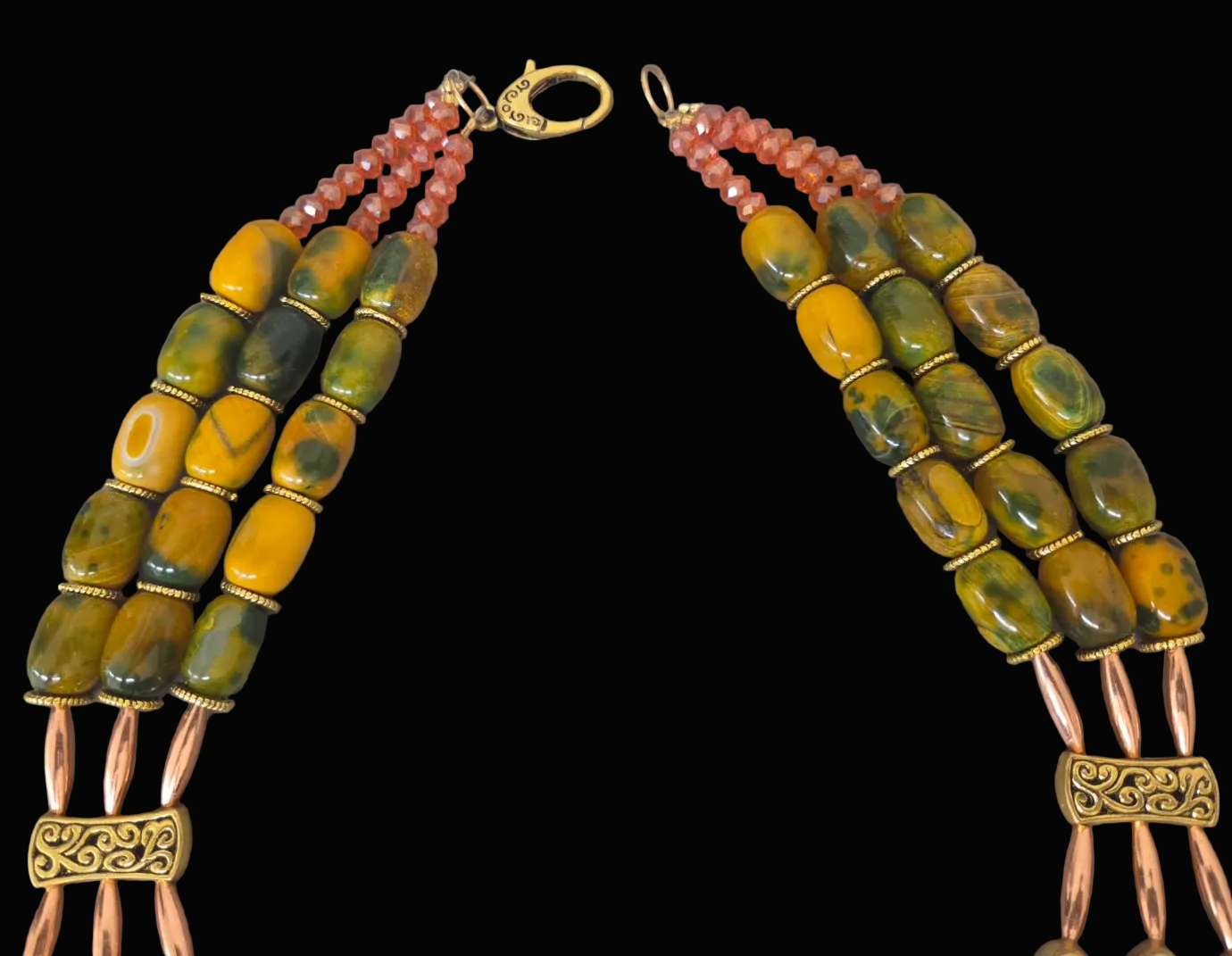 Yellow-Orange Tiger's Eye Beaded Triple Strand Chest Piece - Autumn