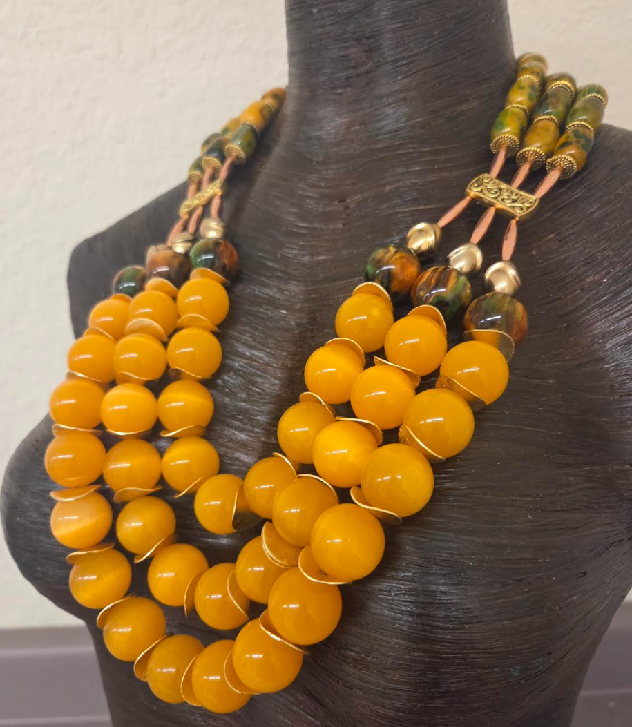 Yellow-Orange Tiger's Eye Beaded Triple Strand Chest Piece - Autumn