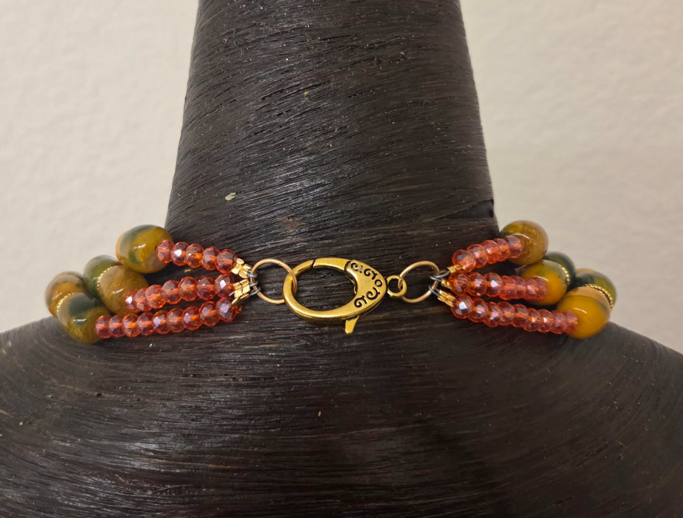 Yellow-Orange Tiger's Eye Beaded Triple Strand Chest Piece - Autumn