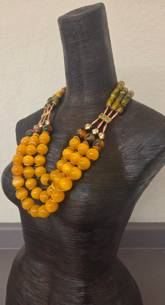 Yellow-Orange Tiger's Eye Beaded Triple Strand Chest Piece - Autumn