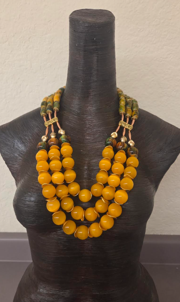 Yellow-Orange Tiger's Eye Beaded Triple Strand Chest Piece - Autumn