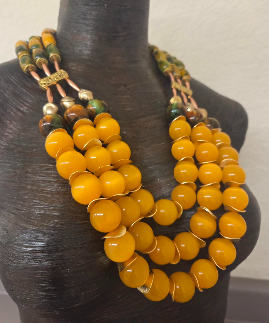 Yellow-Orange Tiger's Eye Beaded Triple Strand Chest Piece - Autumn