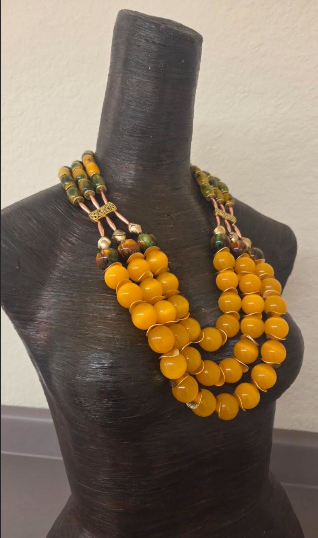 Yellow-Orange Tiger's Eye Beaded Triple Strand Chest Piece - Autumn