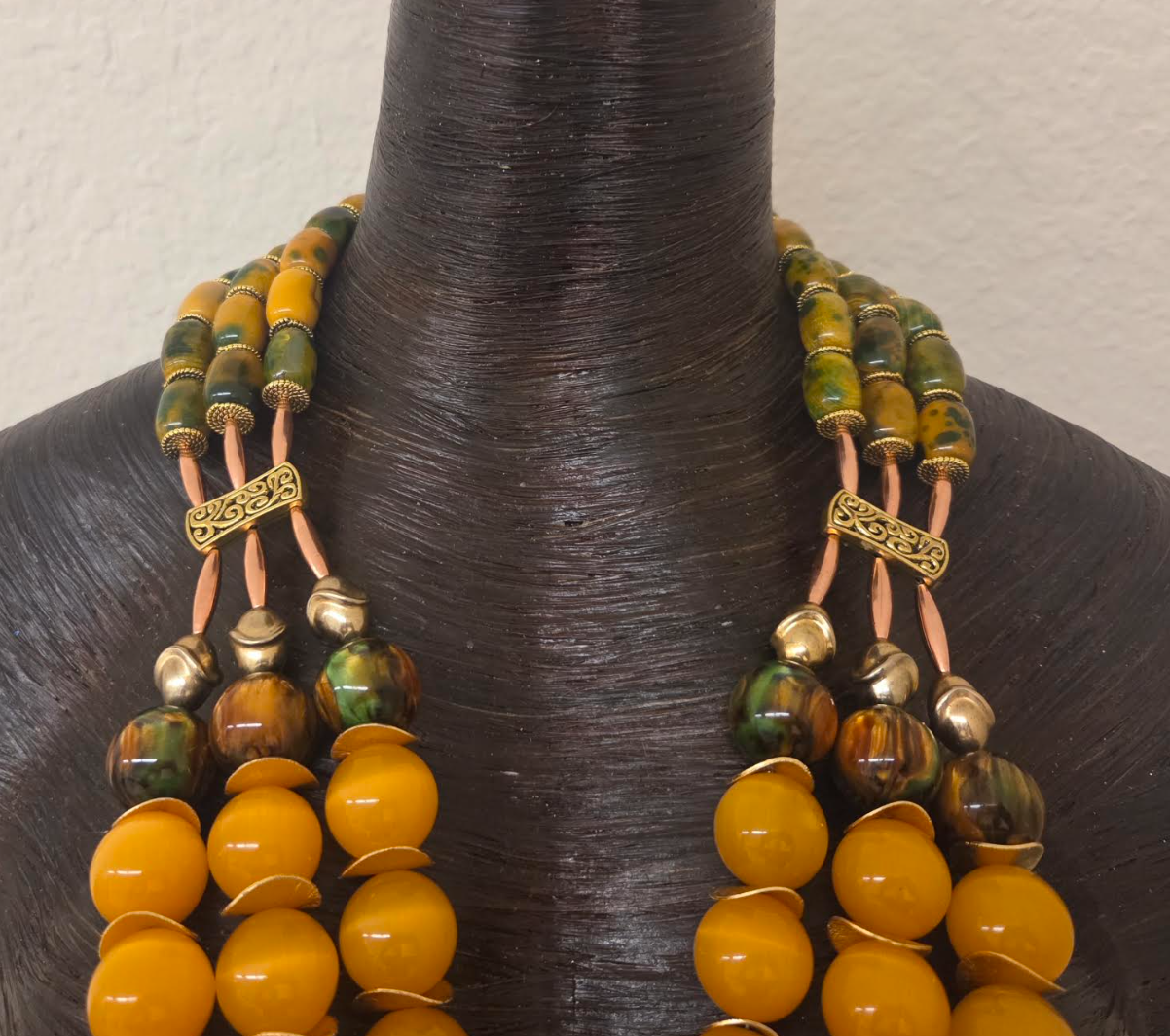 Yellow-Orange Tiger's Eye Beaded Triple Strand Chest Piece - Autumn