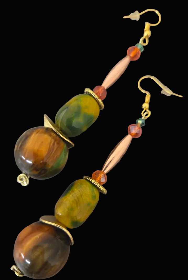 Earthy Brown Green Gold & Orange Beaded Dangle Pierced Earrings
