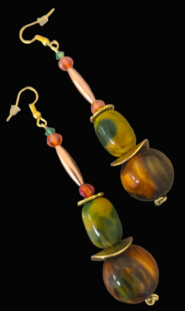 Earthy Brown Green Gold & Orange Beaded Dangle Pierced Earrings
