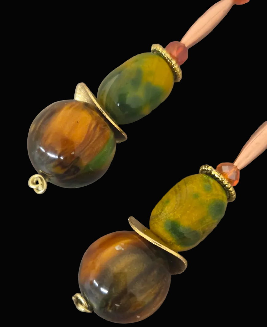 Earthy Brown Green Gold & Orange Beaded Dangle Pierced Earrings