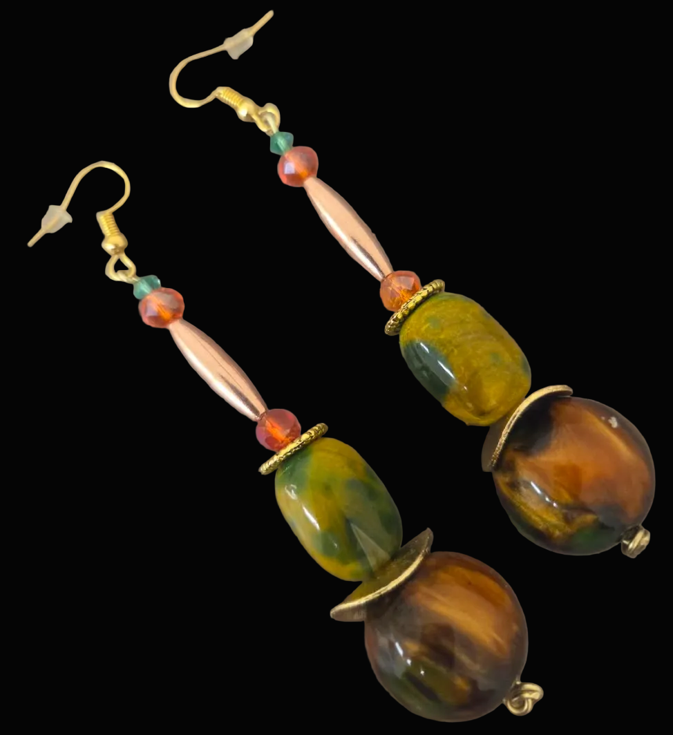Earthy Brown Green Gold & Orange Beaded Dangle Pierced Earrings