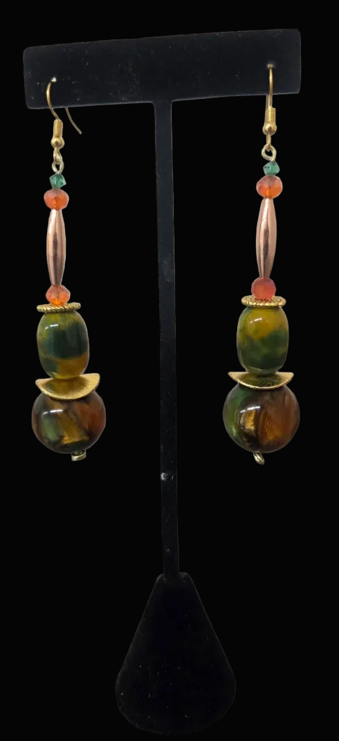 Earthy Brown Green Gold & Orange Beaded Dangle Pierced Earrings