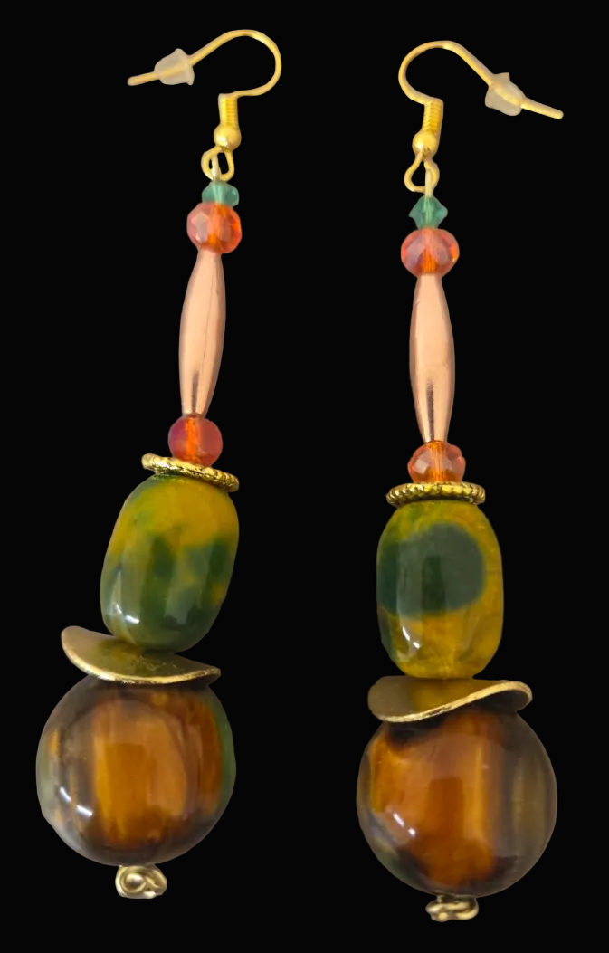 Earthy Brown Green Gold & Orange Beaded Dangle Pierced Earrings