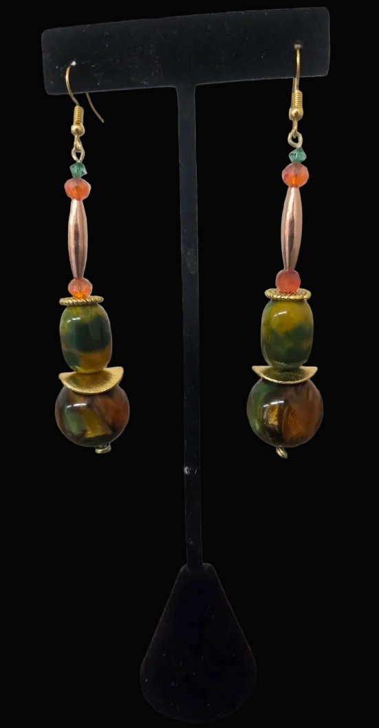 Earthy Brown Green Gold & Orange Beaded Dangle Pierced Earrings