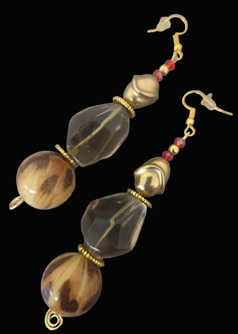 Polished Smoky Quartz & Leopard Beaded Dangle Pierced Earrings - Bold