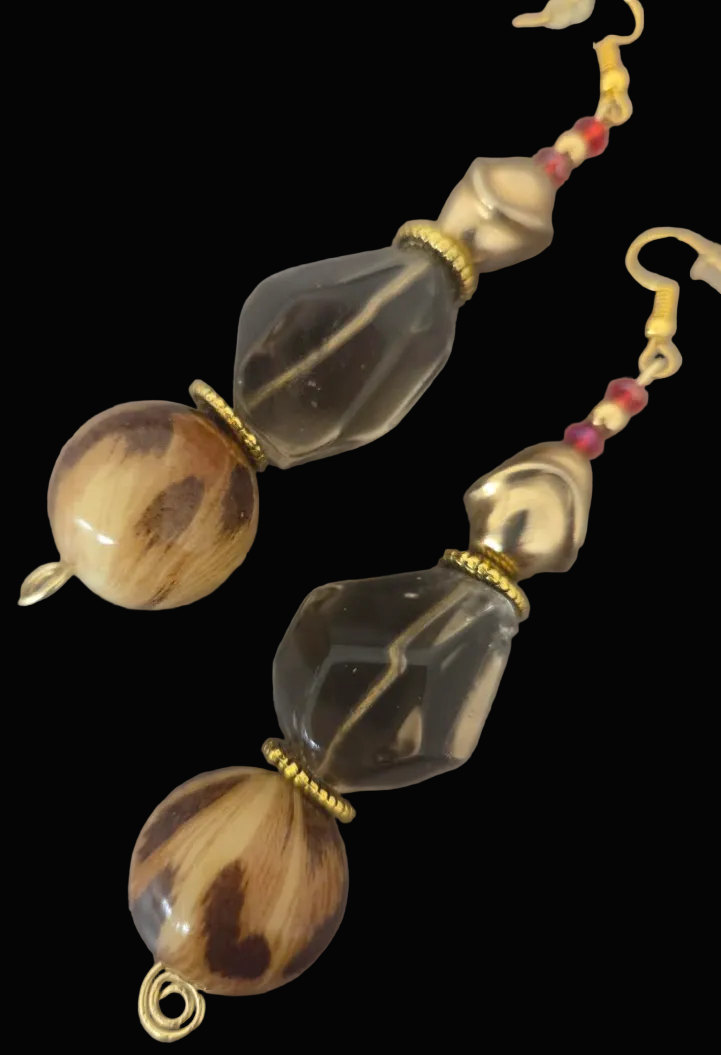 Polished Smoky Quartz & Leopard Beaded Dangle Pierced Earrings - Bold