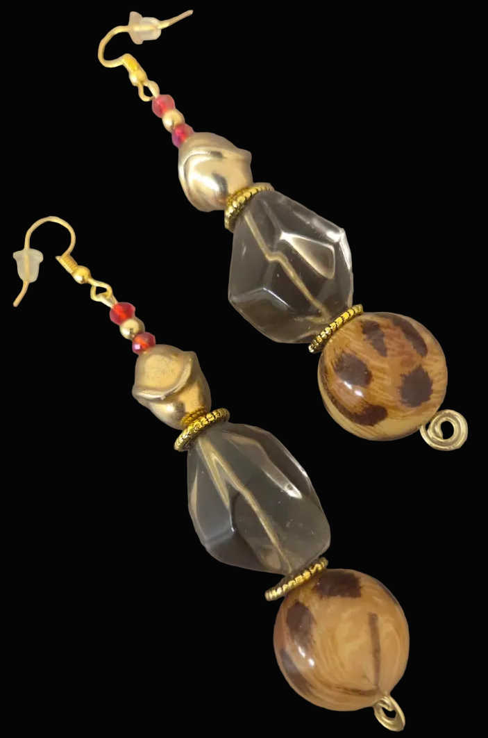 Polished Smoky Quartz & Leopard Beaded Dangle Pierced Earrings - Bold