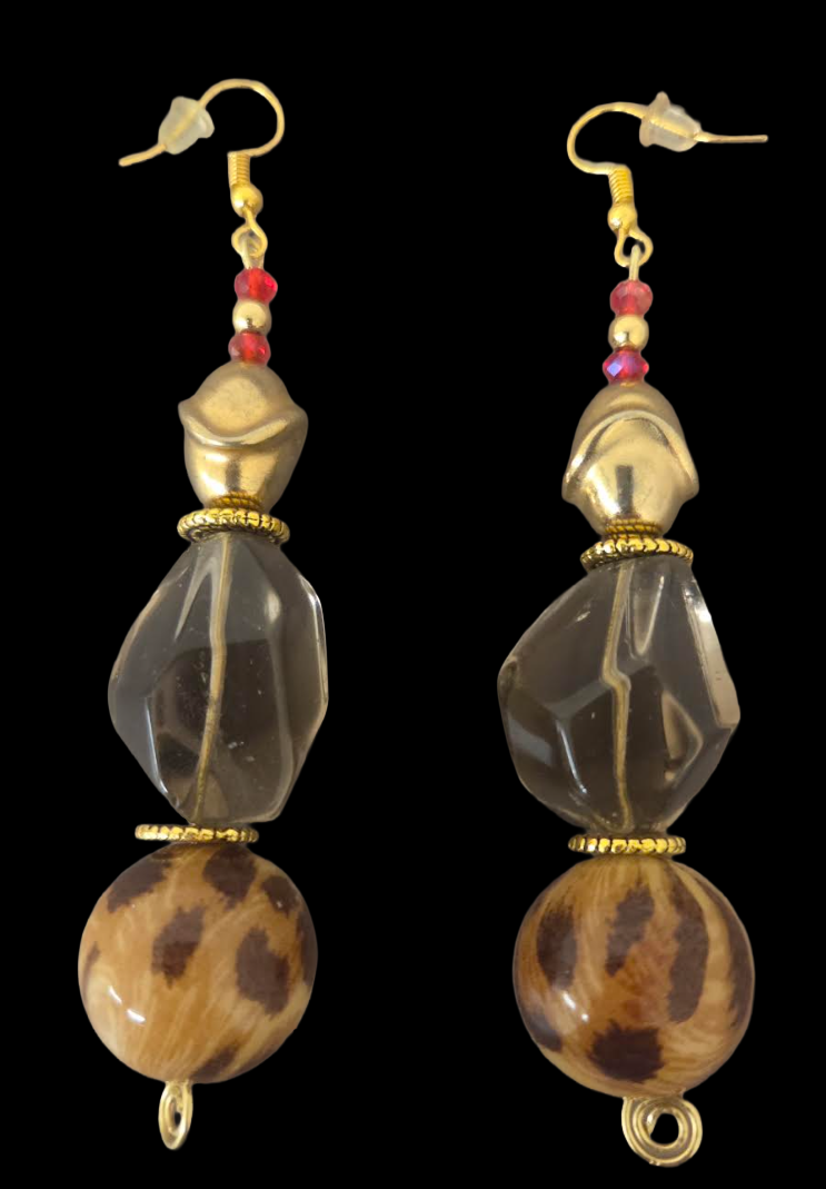 Polished Smoky Quartz & Leopard Beaded Dangle Pierced Earrings - Bold