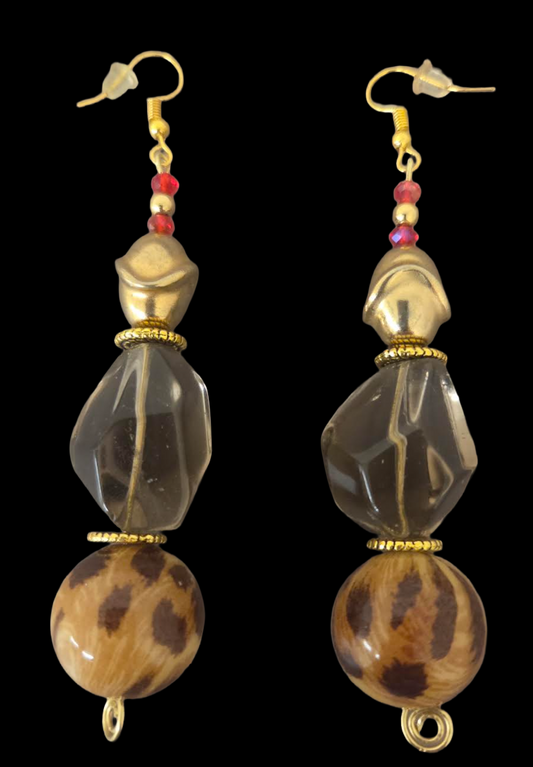 Polished Smoky Quartz & Leopard Beaded Dangle Pierced Earrings - Bold