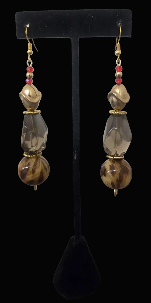 Polished Smoky Quartz & Leopard Beaded Dangle Pierced Earrings - Bold