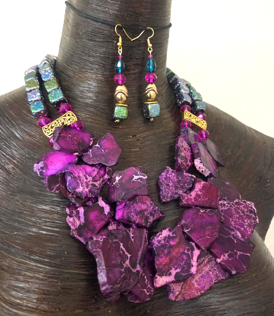 Purple Sediment Slab & Titanium Rainbow Quartz Necklace & Earring Set