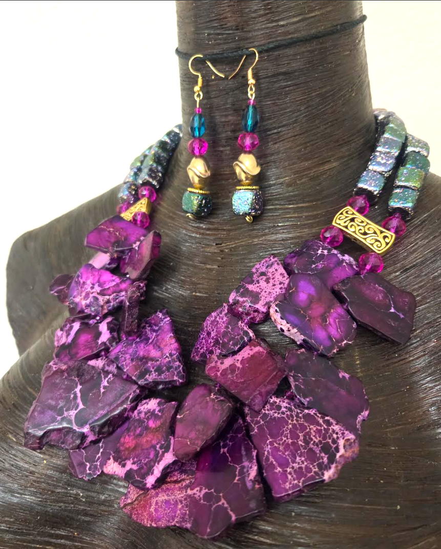 Purple Sediment Slab & Titanium Rainbow Quartz Necklace & Earring Set