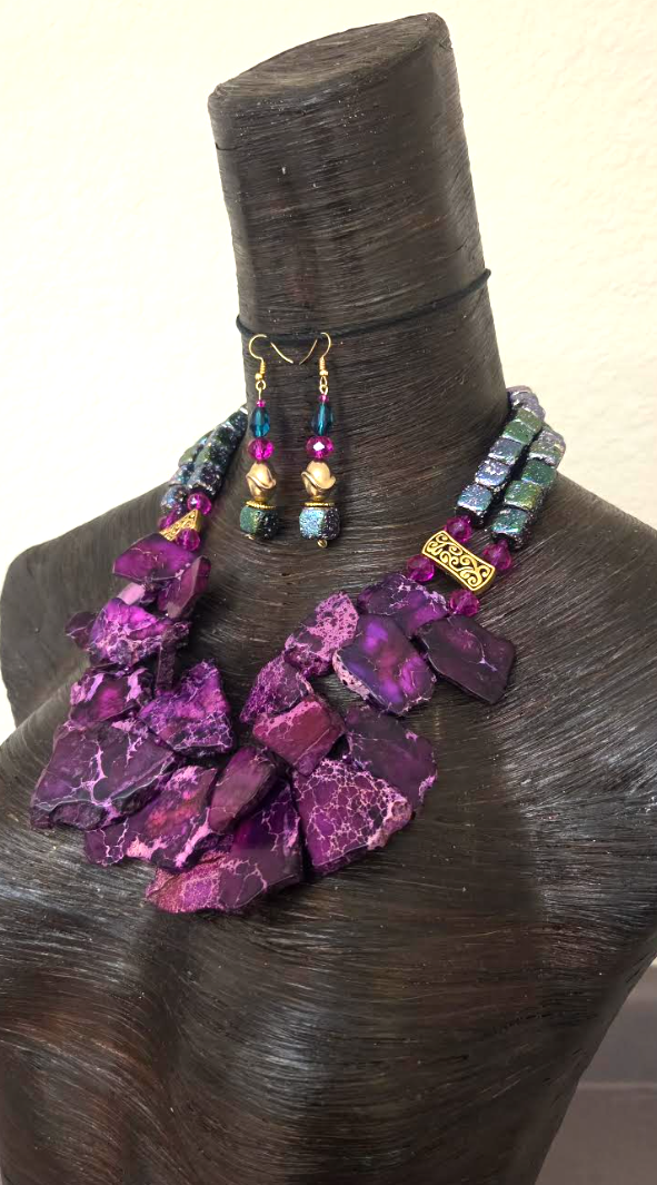 Purple Sediment Slab & Titanium Rainbow Quartz Necklace & Earring Set