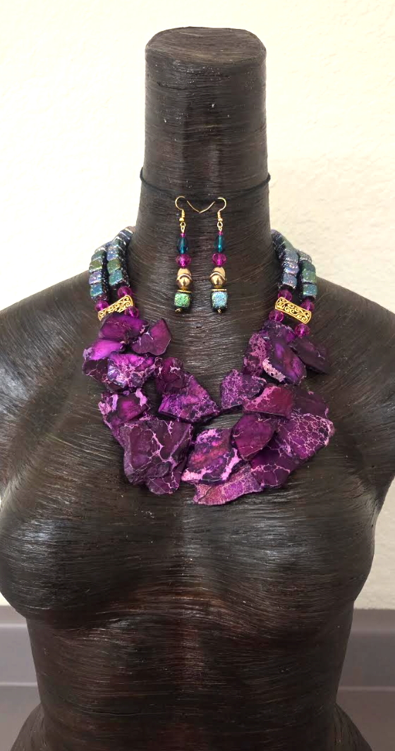 Purple Sediment Slab & Titanium Rainbow Quartz Necklace & Earring Set