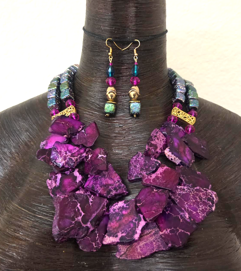 Purple Sediment Slab & Titanium Rainbow Quartz Necklace & Earring Set