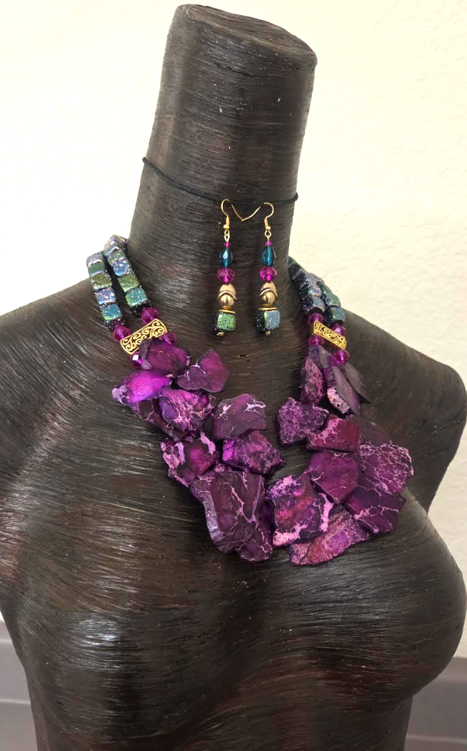Purple Sediment Slab & Titanium Rainbow Quartz Necklace & Earring Set