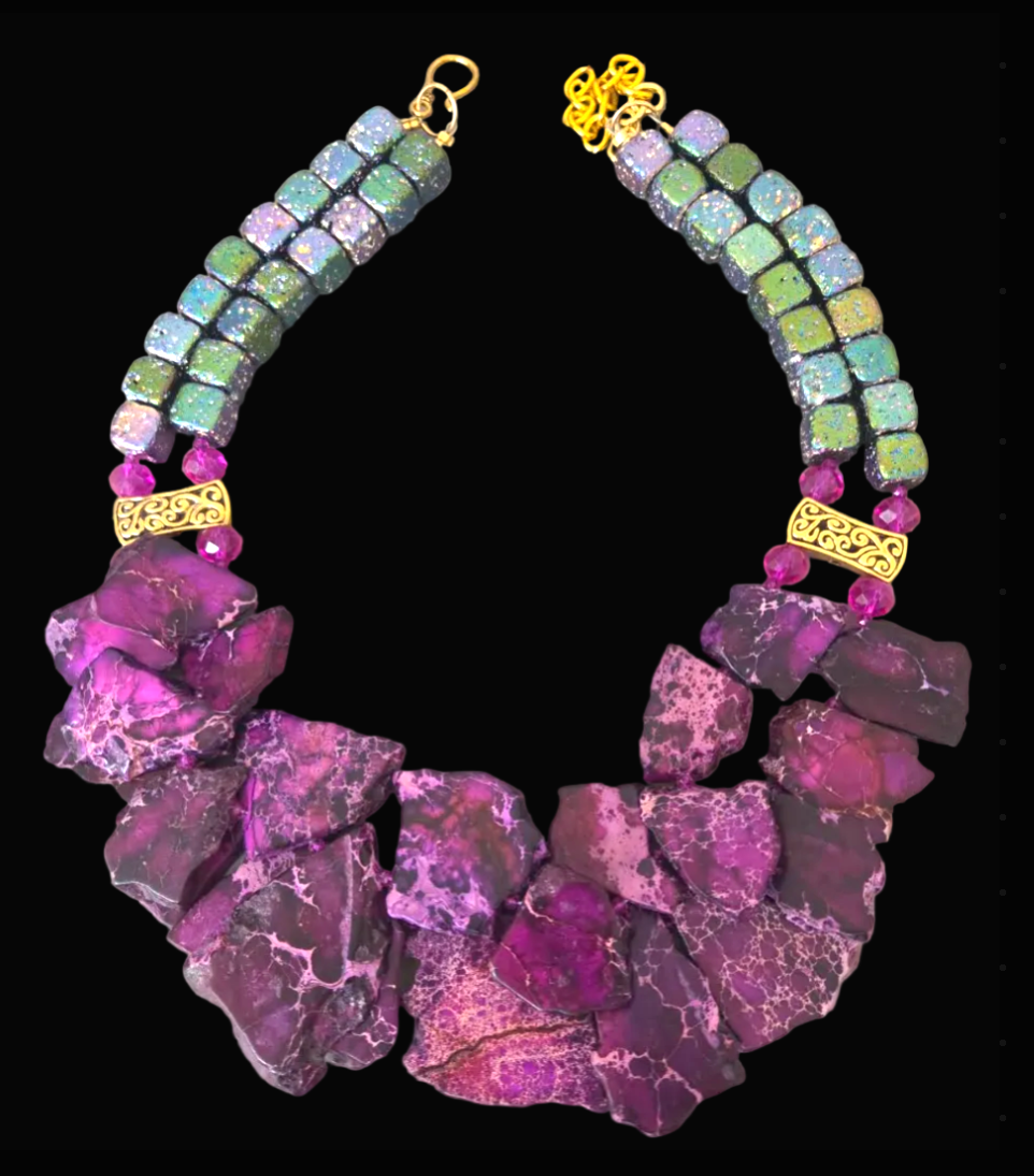 Purple Sediment Slab & Titanium Rainbow Quartz Necklace & Earring Set