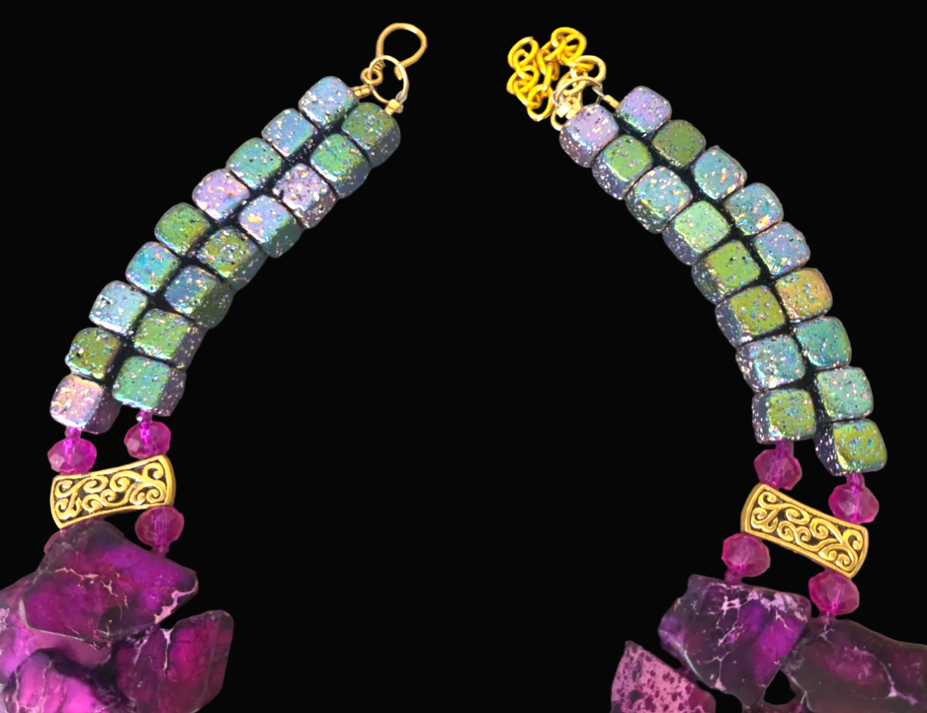 Purple Sediment Slab & Titanium Rainbow Quartz Necklace & Earring Set
