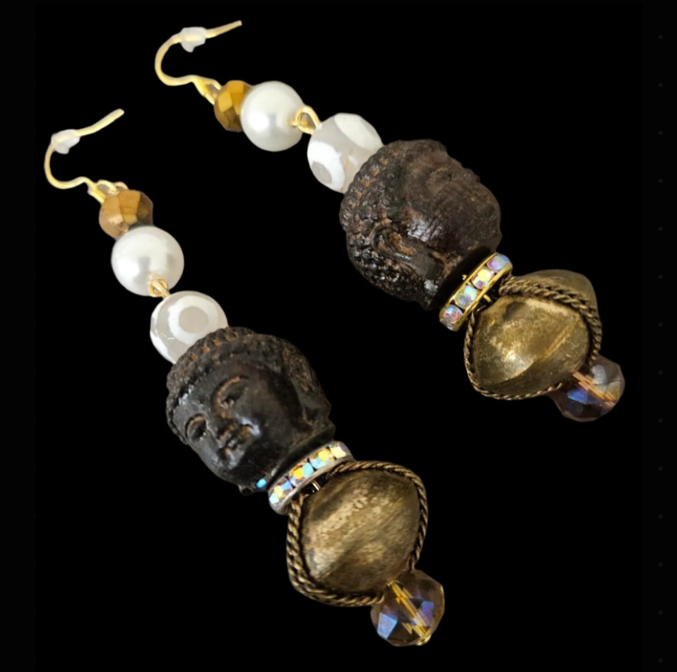 Wood Buddha, Brass & Gemstone Tribal Beaded Pierced Earrings - Unique